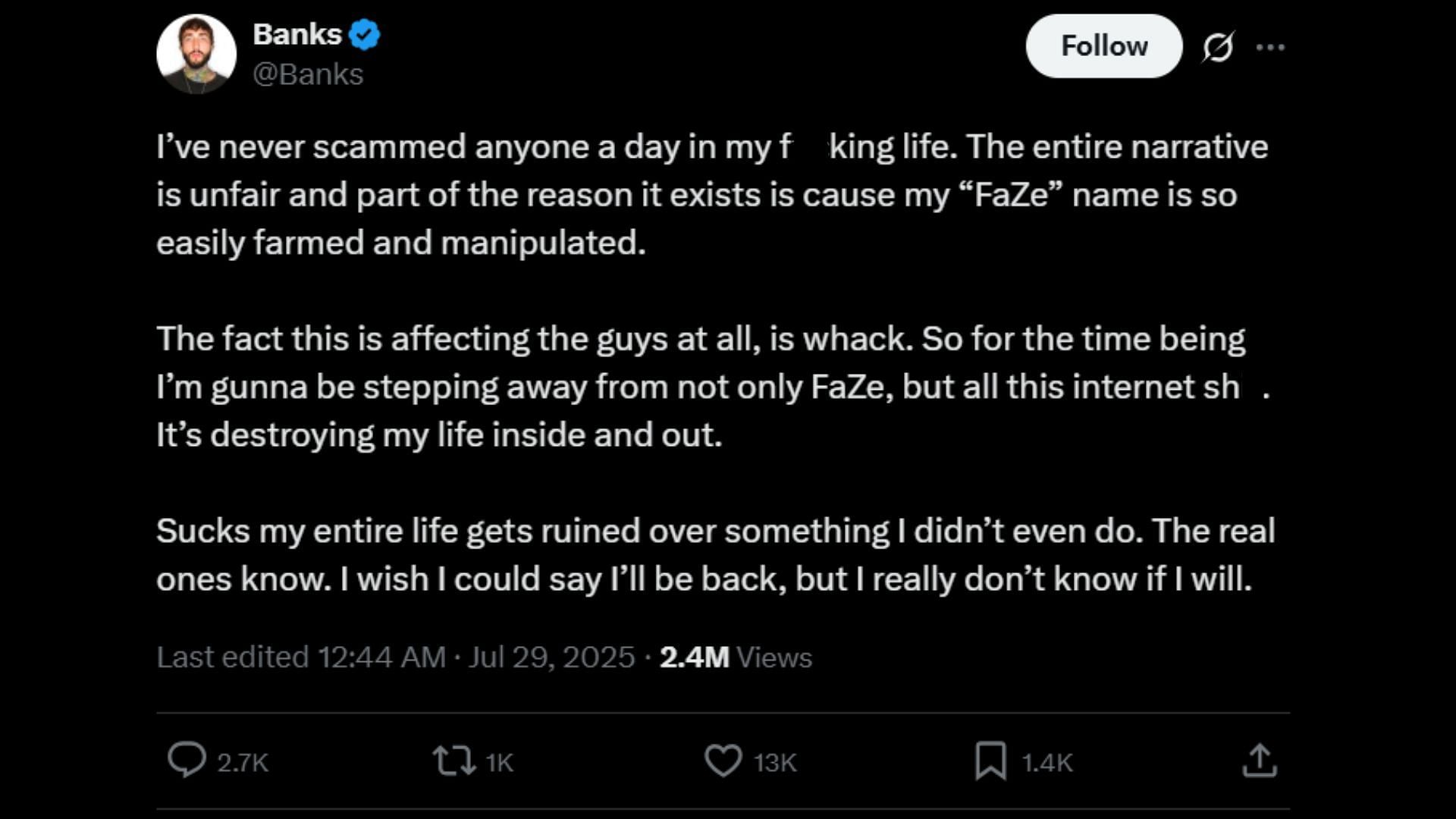 FaZe Banks announces his break from the internet in an X post (Image via Banks/X)